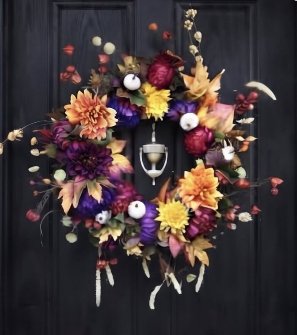 Handmade 30” Fall Bright Happy Pumpkin Floral Colorful Wreath Door Decoration!